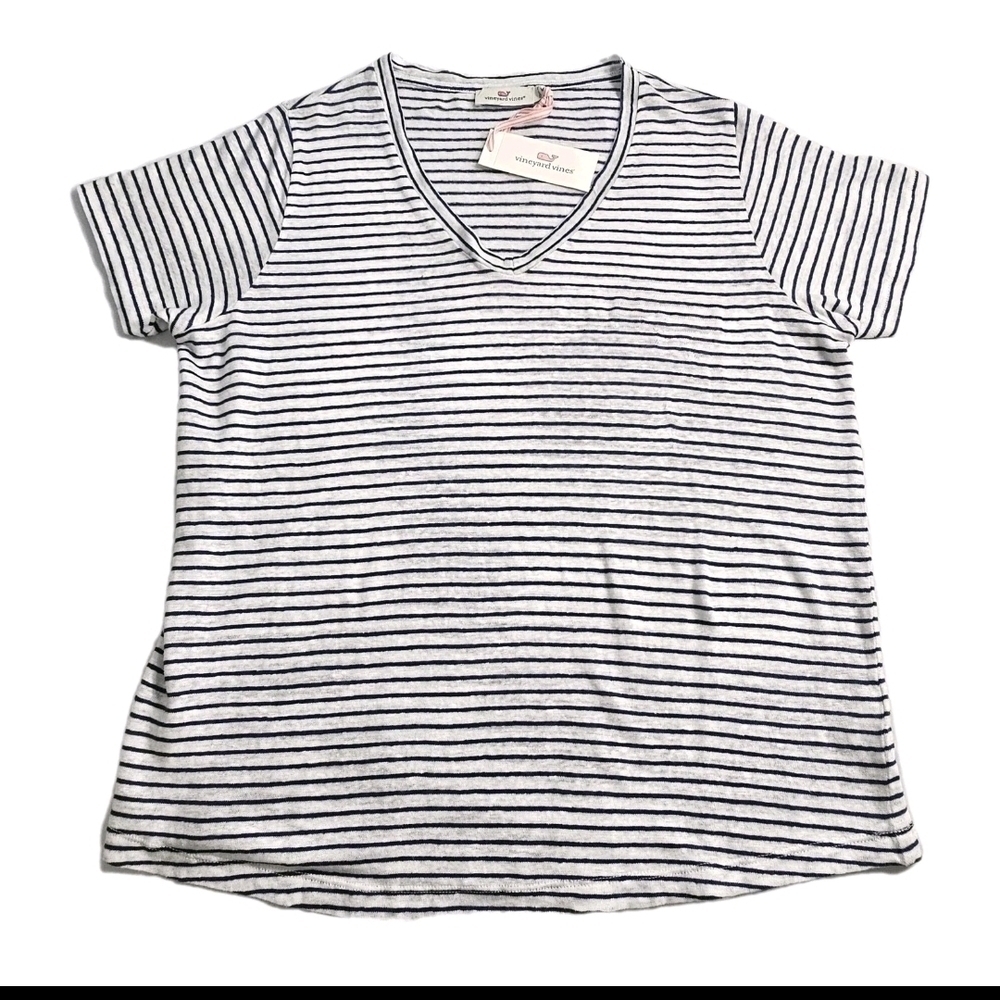 Vineyard Vines Casual Knit V-Neck Linen Jet Stripe White and Blue Tee- Shirt, M